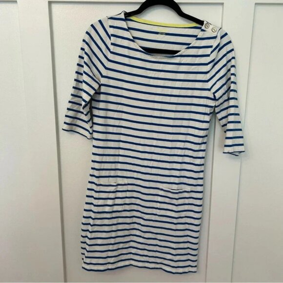Boden Blue and White Striped Boatneck Dress Sz 4 Buttons on Shoulders 2 pockets - Picture 1 of 9